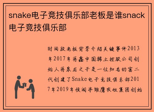 snake电子竞技俱乐部老板是谁snack电子竞技俱乐部